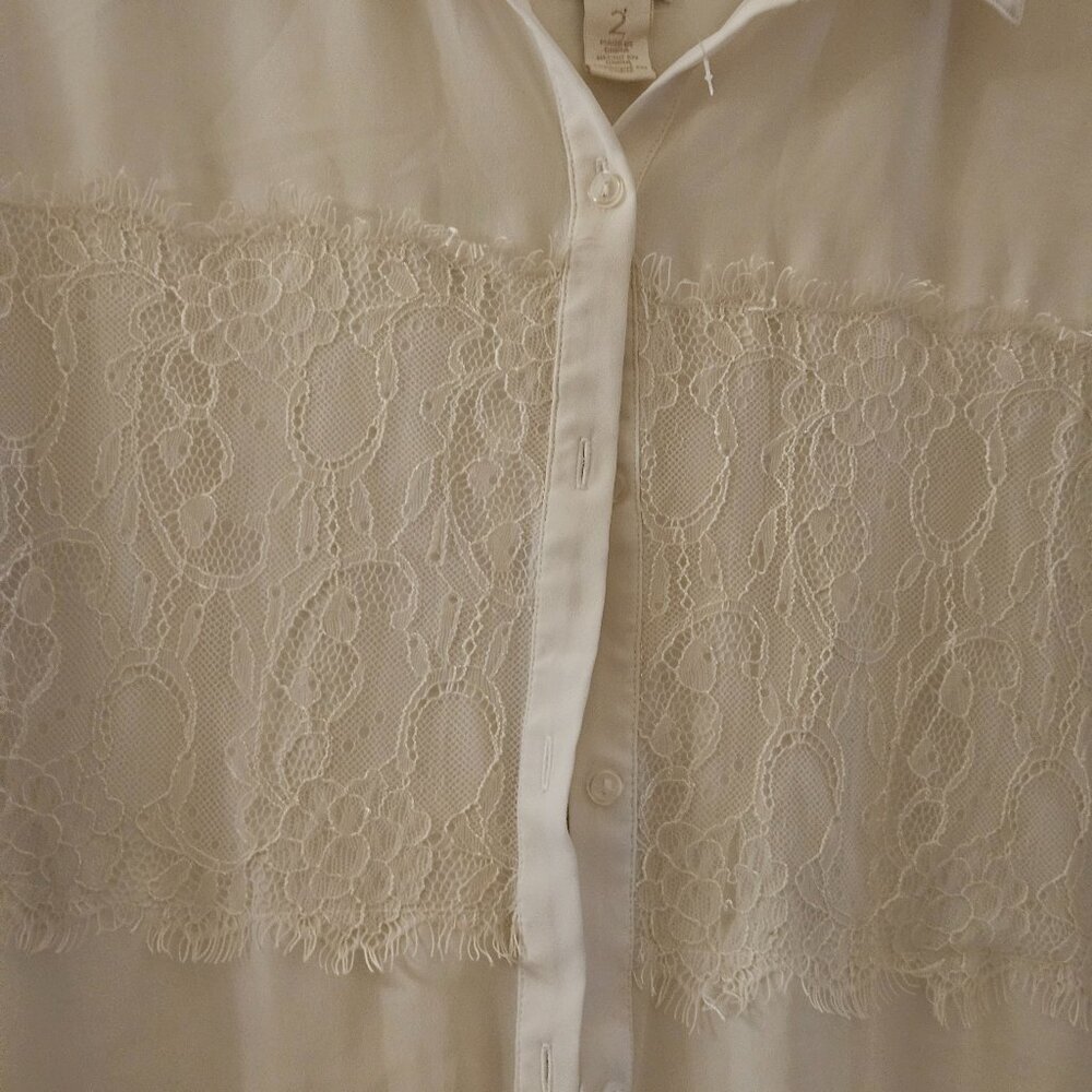 Chico's ivory creme long sleeve button down lace Work tunic blouse old money L - Picture 2 of 10